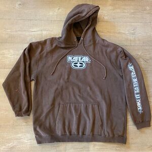 Vintage No Fear Hoodie XL brown 90s Skate Grunge Faded Worn sleeve Spell Out